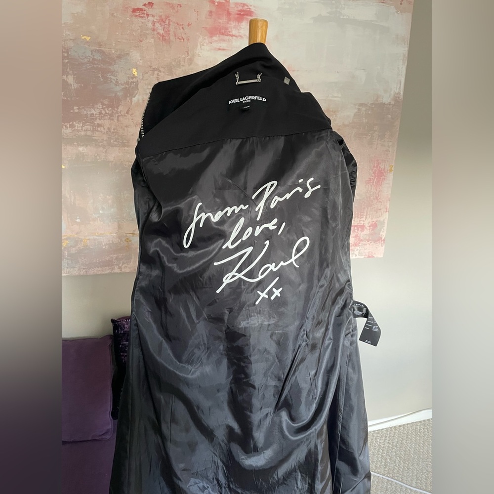 Karl Lagerfeld Paris black trench coat, removable hood & silver hardware size XS - Picture 16 of 17